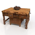 Vintage Wooden Table With Drawers Cabinet Doors And Mortar Pestle On Top